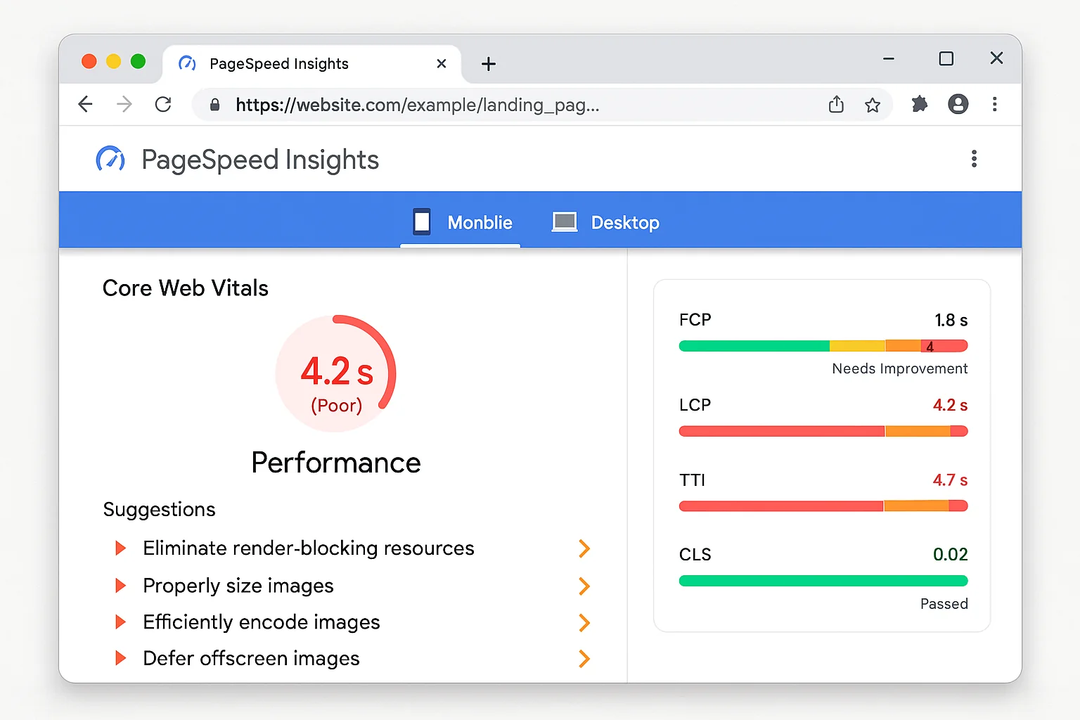 PageSpeed Insights results with poor LCP score, arrows pointing to specific fix recommendations