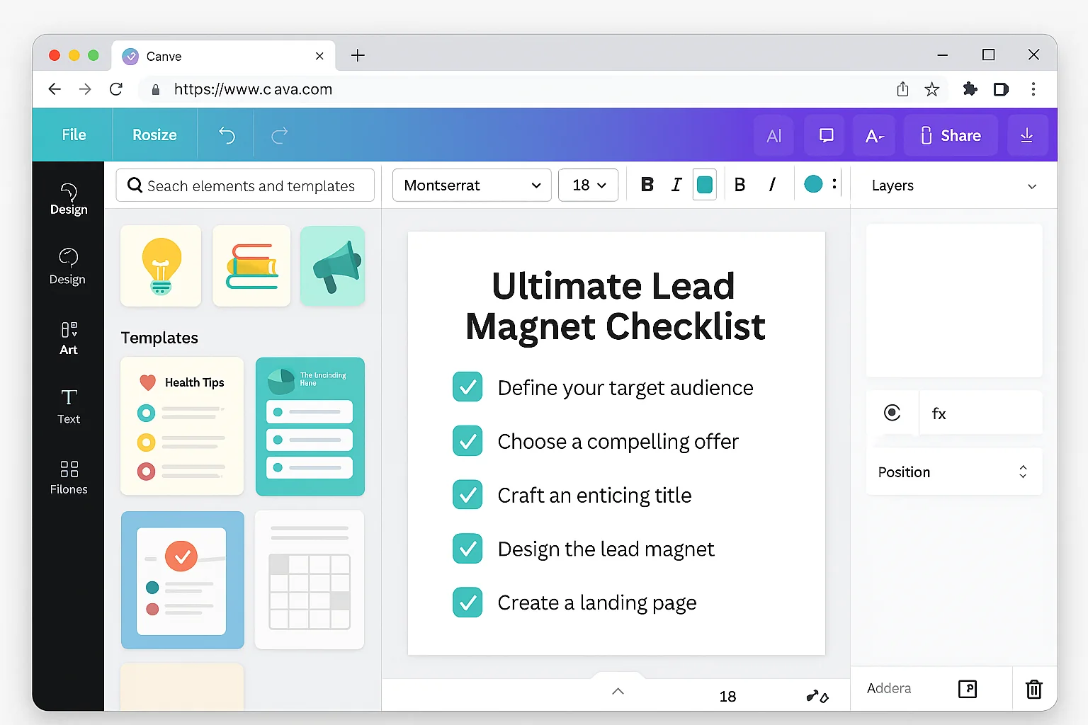 Canva checklist template being edited with a lead magnet title and checklist items filled in