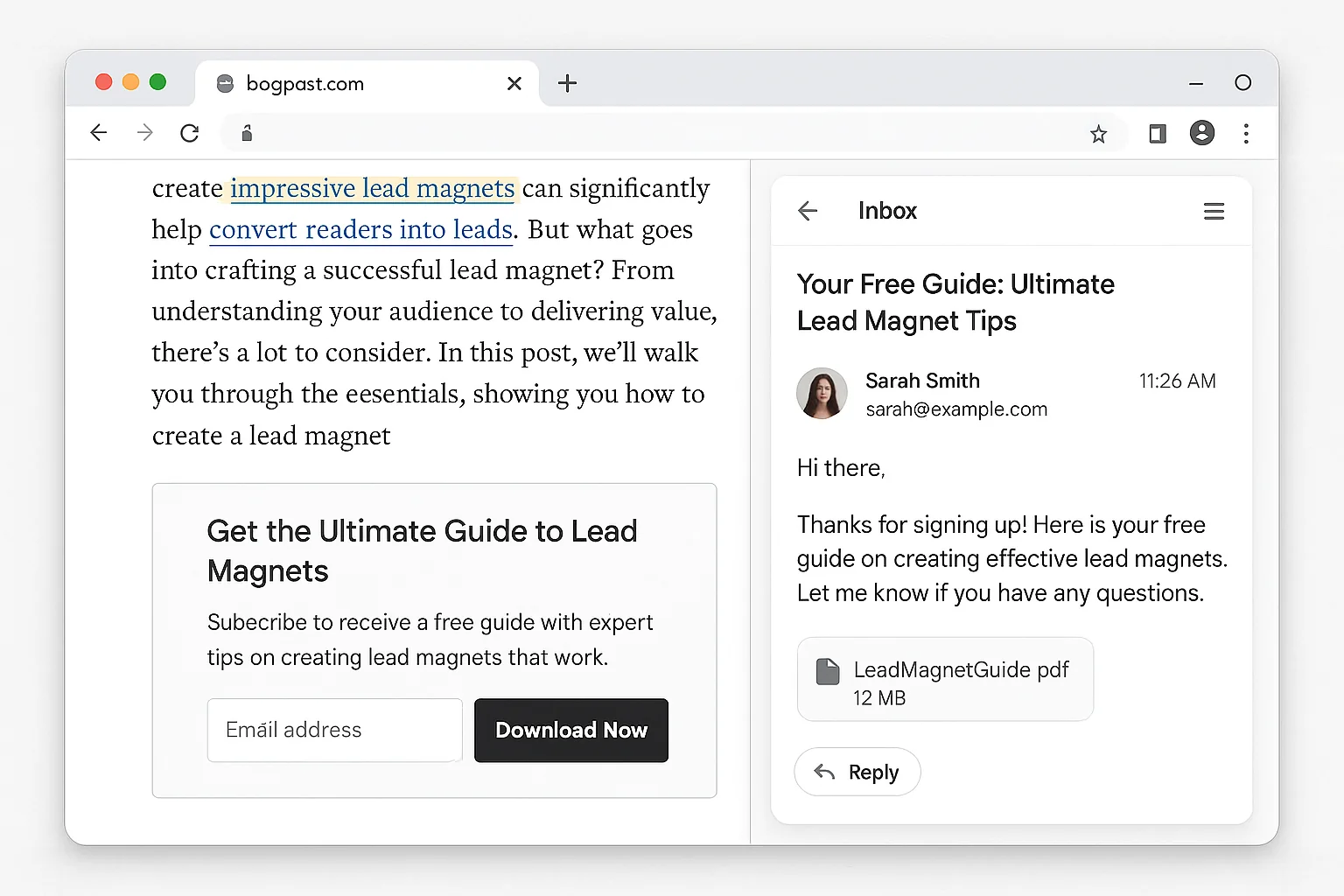 The complete lead magnet setup: opt-in form on a blog post with click trigger links highlighted, and the automated delivery email with PDF attachment