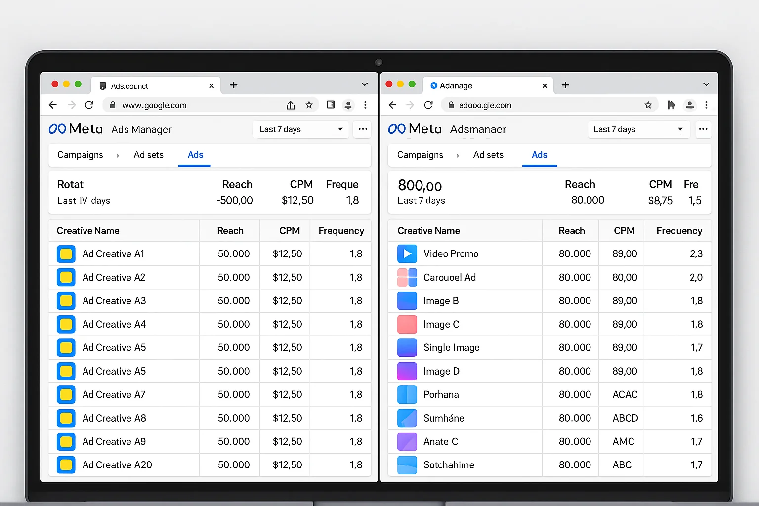Side-by-side comparison of an ad account with 20 similar creatives vs. an account with 7 genuinely diverse creatives, showing reach and CPM differences