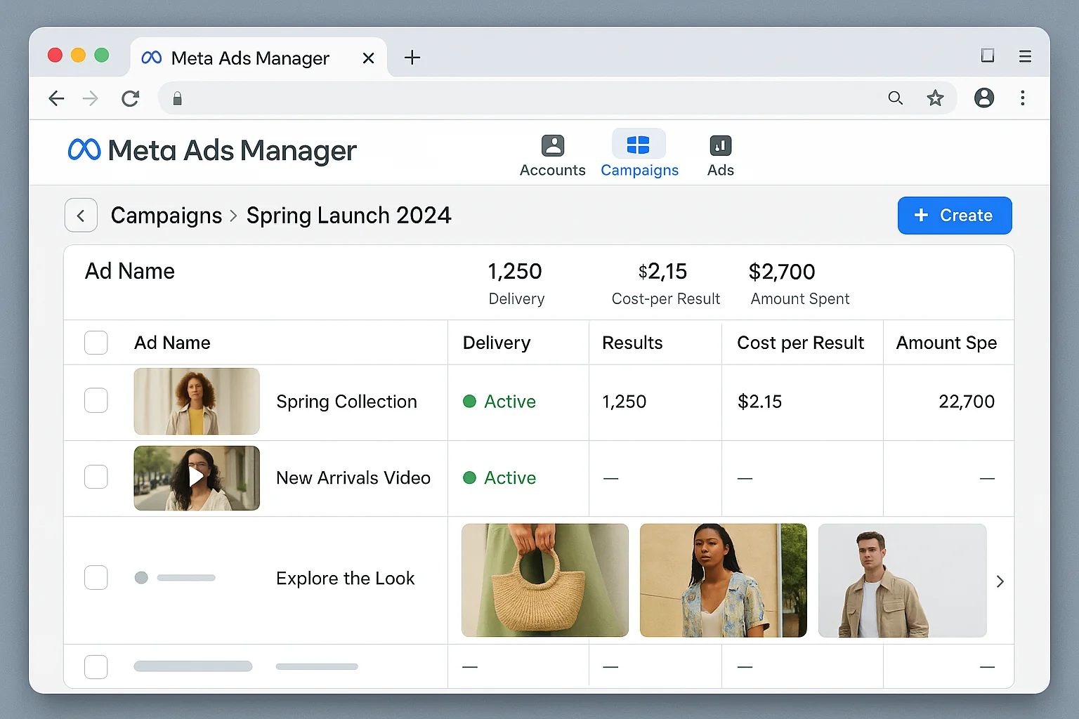 Meta Ads Manager showing a campaign with a healthy mix of static, video, and carousel ad formats