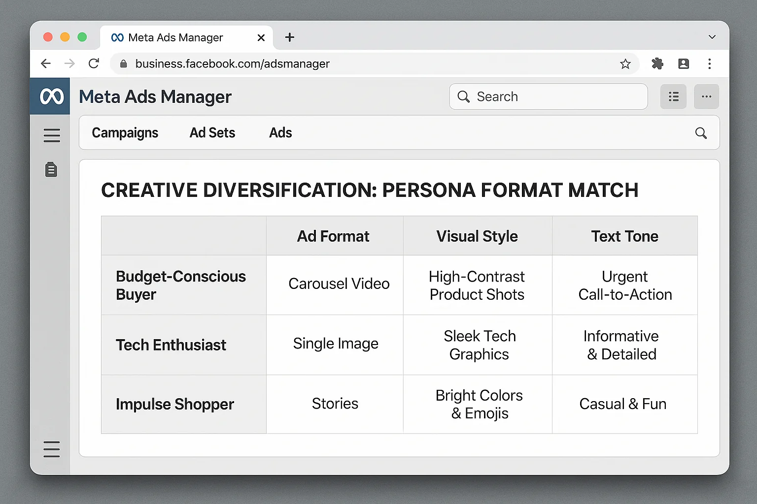 A persona-mapping grid showing 3 customer personas matched to specific format, visual, and text combinations