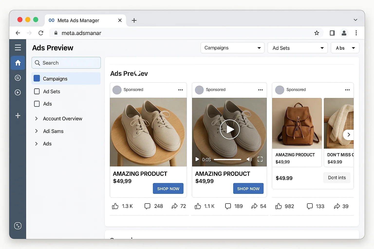 Three ad examples side by side showing the same product as a static, a video, and a carousel, each with different visual treatment