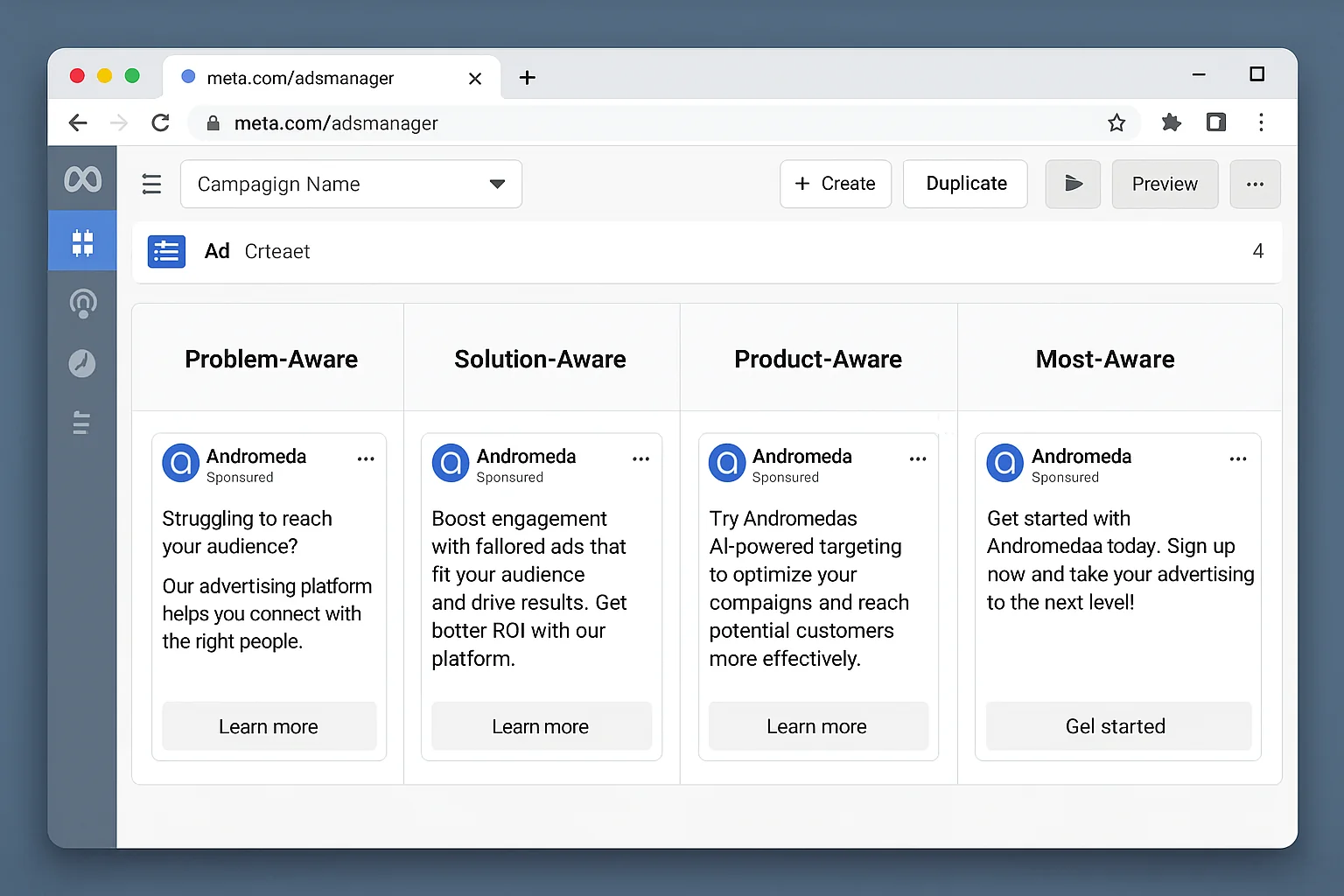 Four ad text examples showing Problem-Aware, Solution-Aware, Product-Aware, and Most-Aware copy side by side