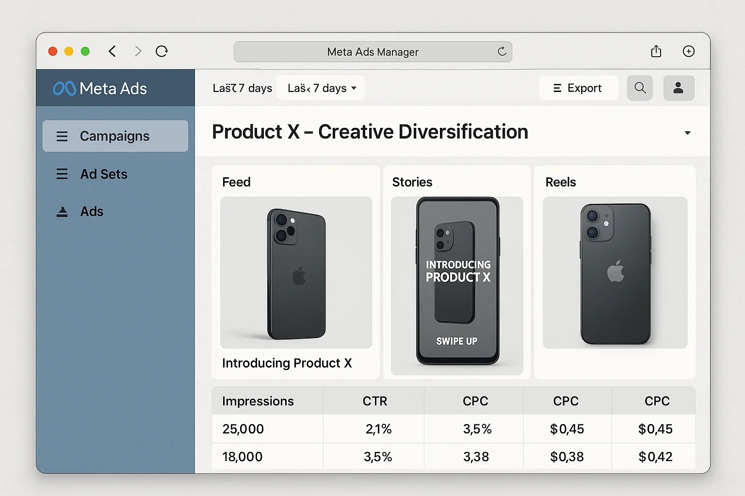 The same product advertised across three placements with placement-specific creative (Feed, Stories, Reels)