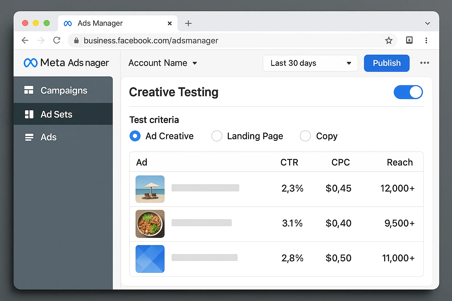 The creative testing option inside an existing ad set in Meta Ads Manager