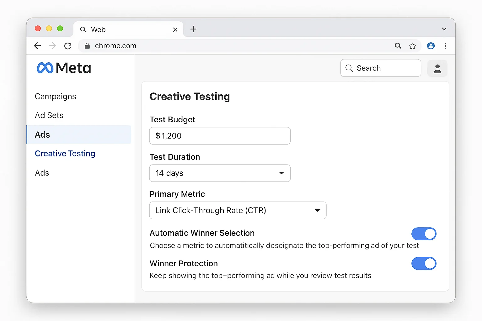 Creative testing setup screen showing budget, duration, and metric selection