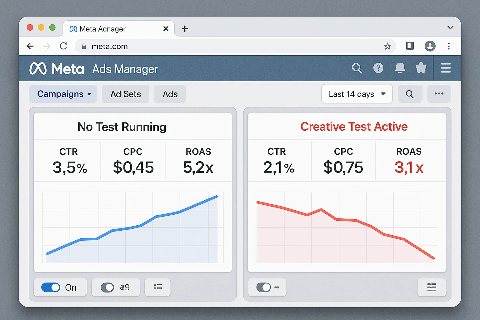 Side-by-side comparison showing consistent strong performance metrics when no test is running vs. a dip when a creative test is introduced