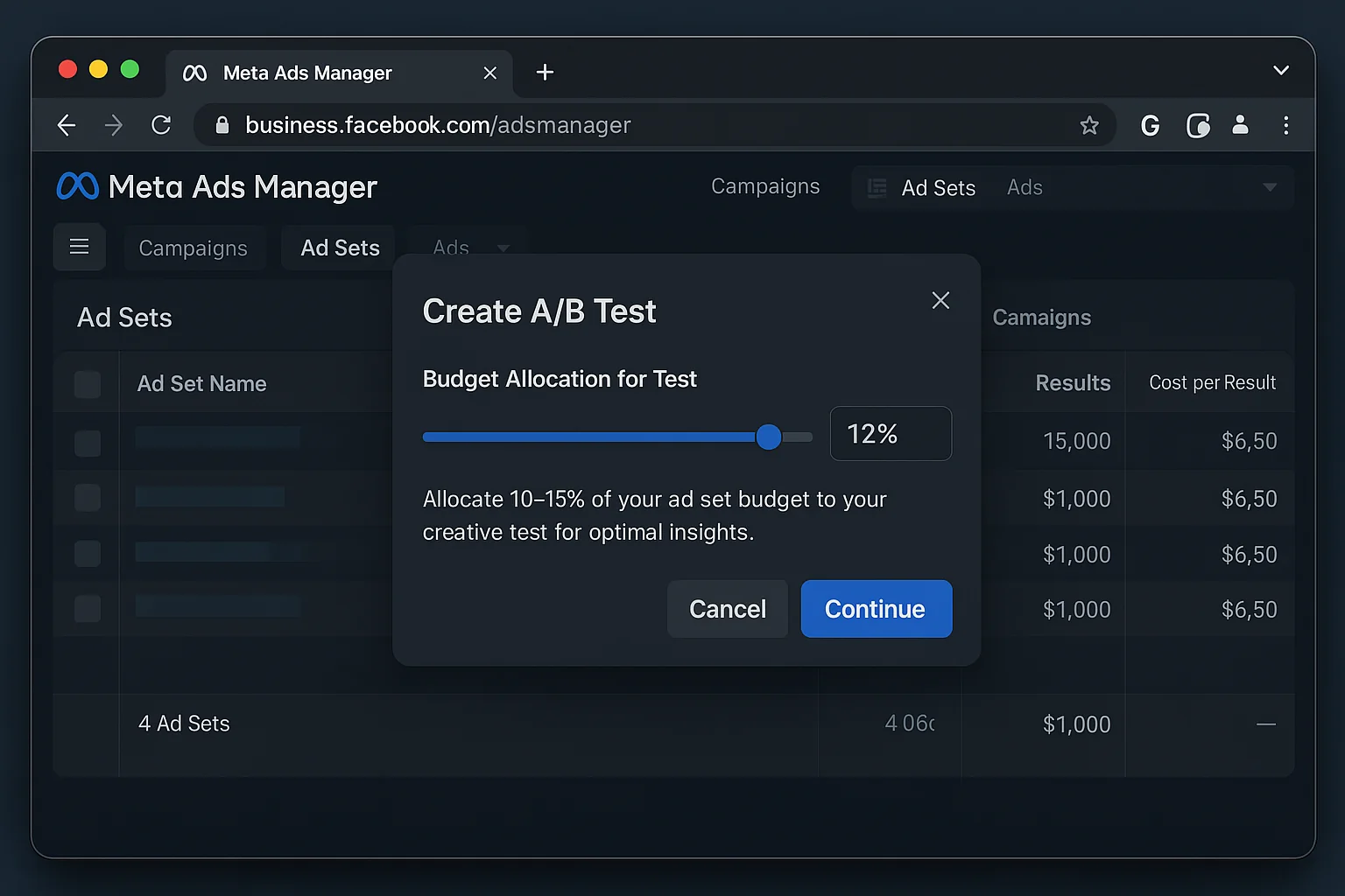 Setting up a creative test with 10-15% of ad set budget allocated to the test