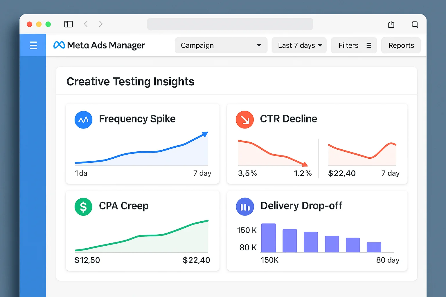Dashboard view showing the four fatigue signals: frequency spike, CTR decline, CPA creep, and delivery drop-off