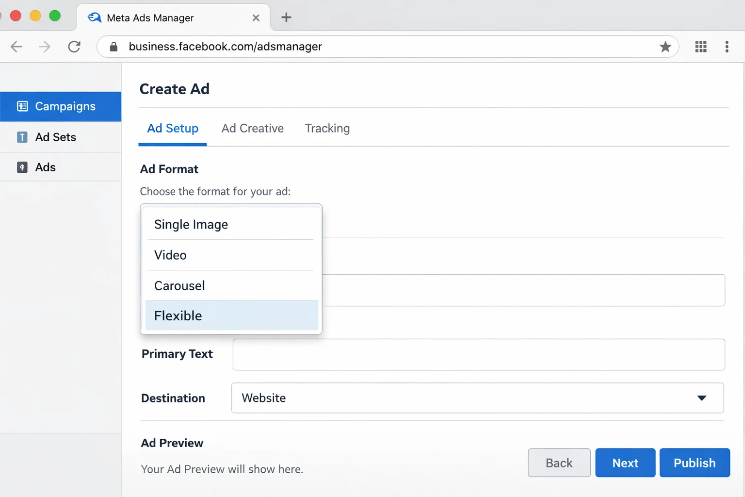 The format selection dropdown in Meta Ads Manager showing "Flexible" as an option alongside Single Image, Video, and Carousel
