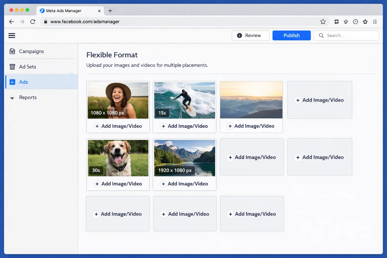 The Flexible Format asset upload interface showing slots for multiple images/videos