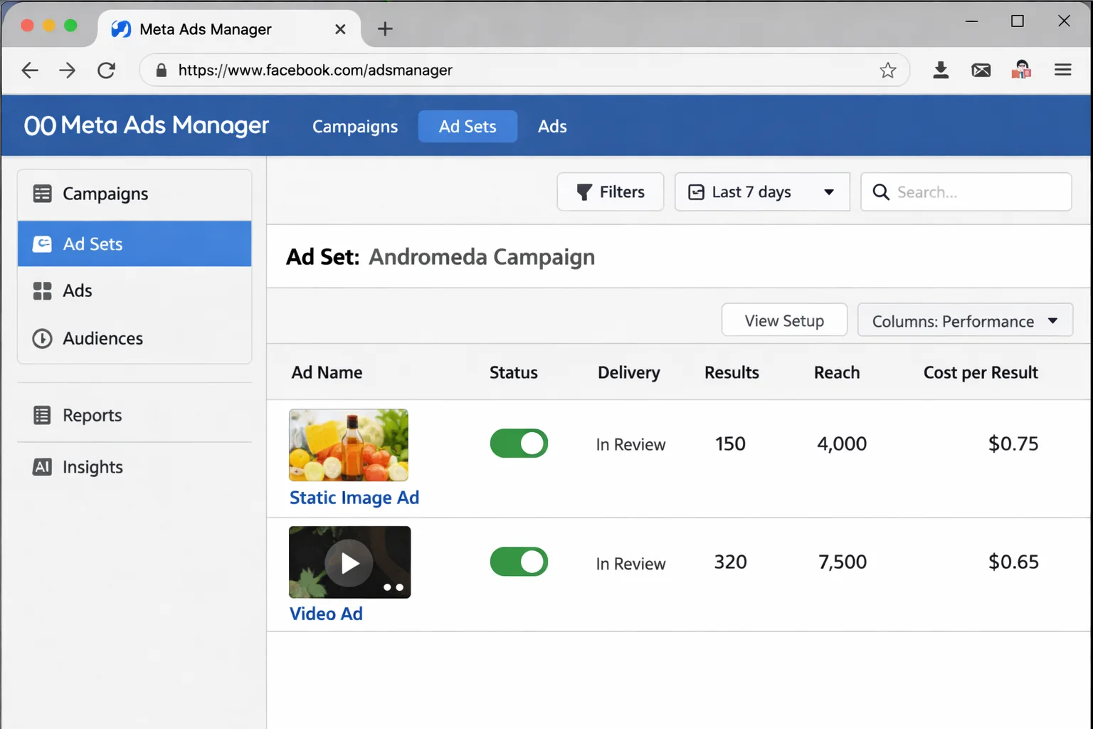 An ad set view in Ads Manager showing two ads, one labeled for static images and one for videos