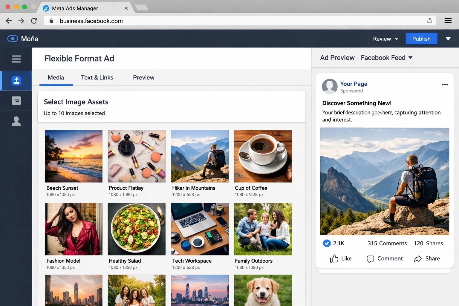 Example of 10 diverse static image assets loaded into a single Flexible Format ad