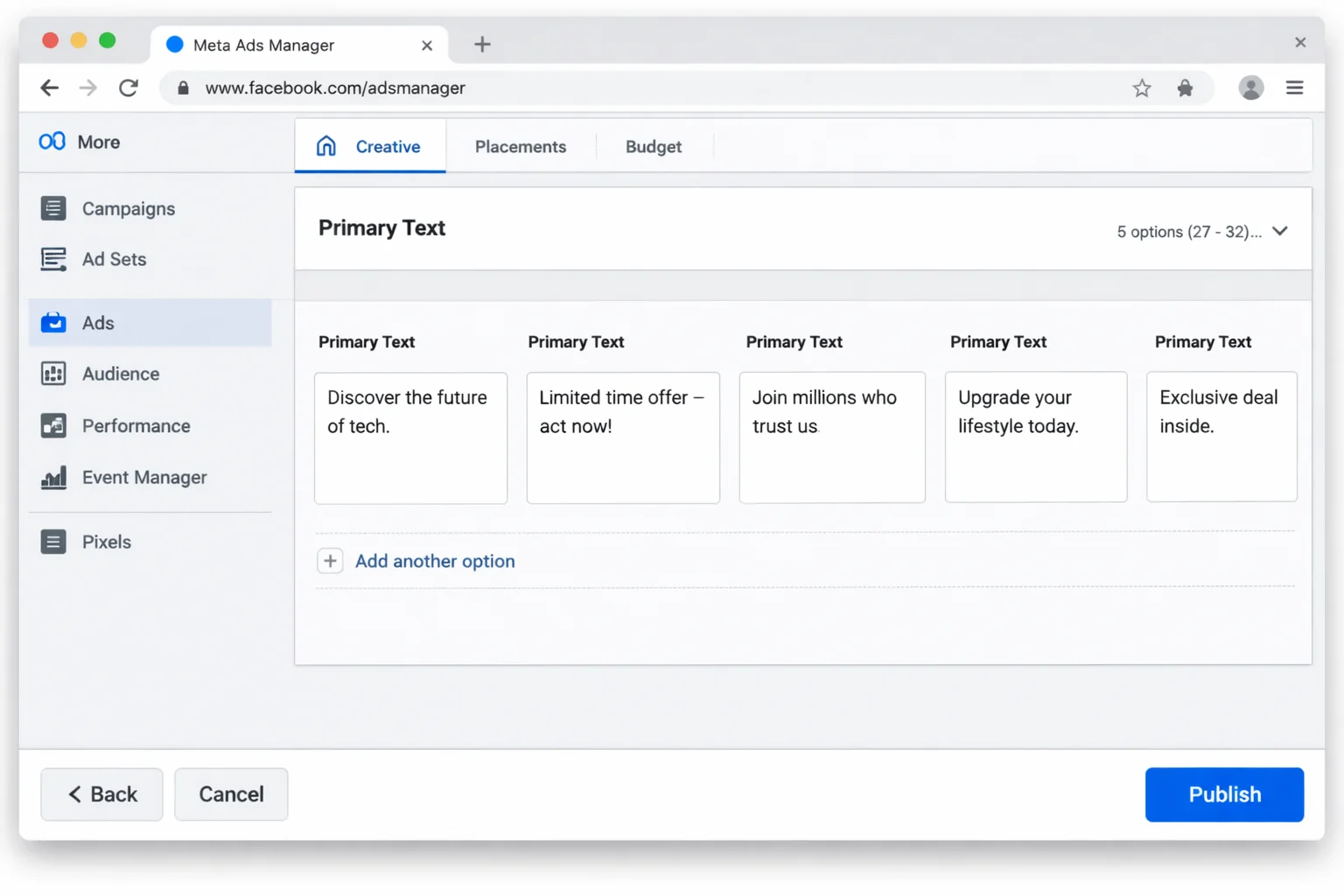 A side-by-side view of 5 primary text fields filled in with different angles in the Flexible Format editor