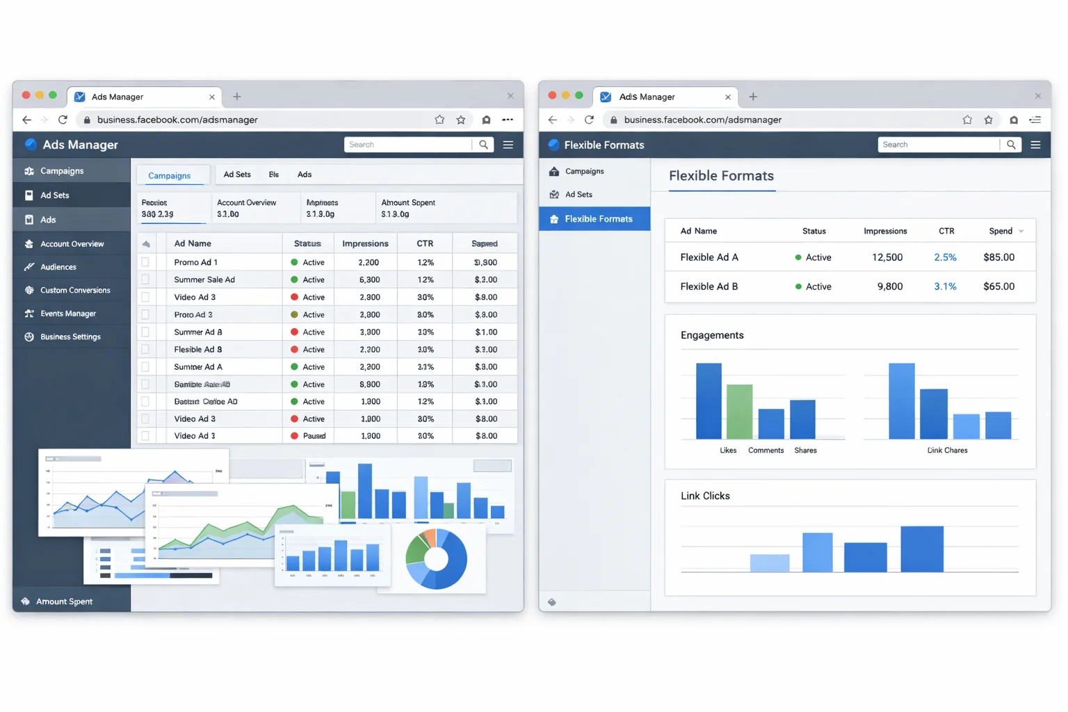 Side-by-side comparison showing a cluttered 15-ad account vs. a clean 2-ad Flexible Format account