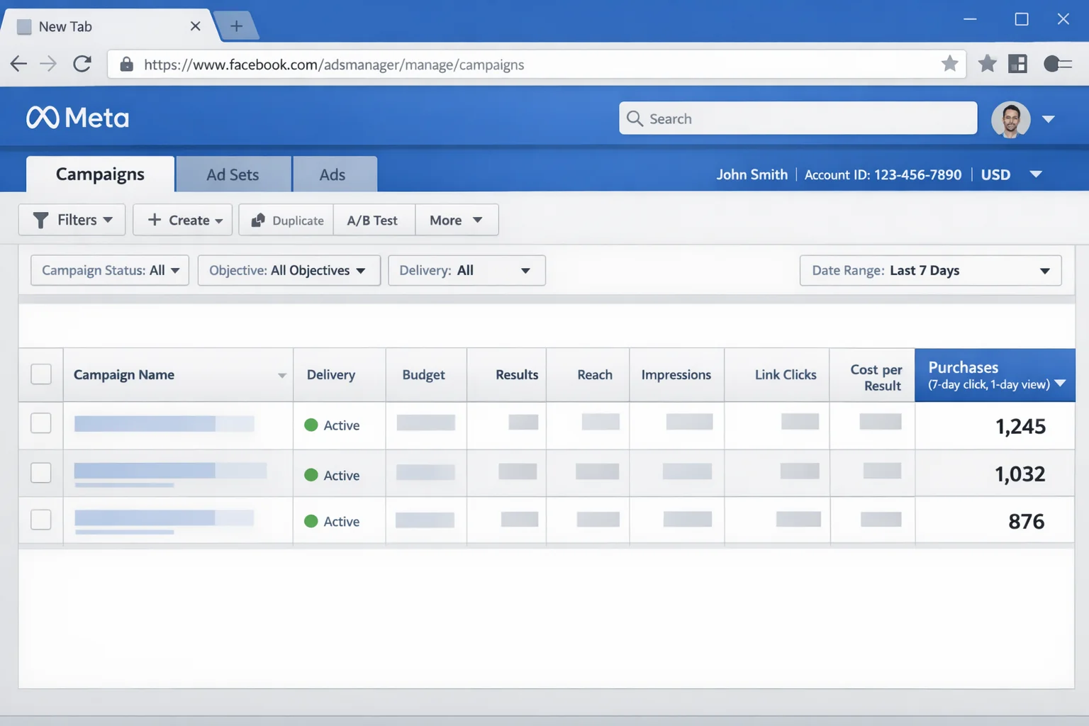 Meta Ads Manager results column showing a purchase count that looks higher than expected, with the attribution settings visible in the column header.
