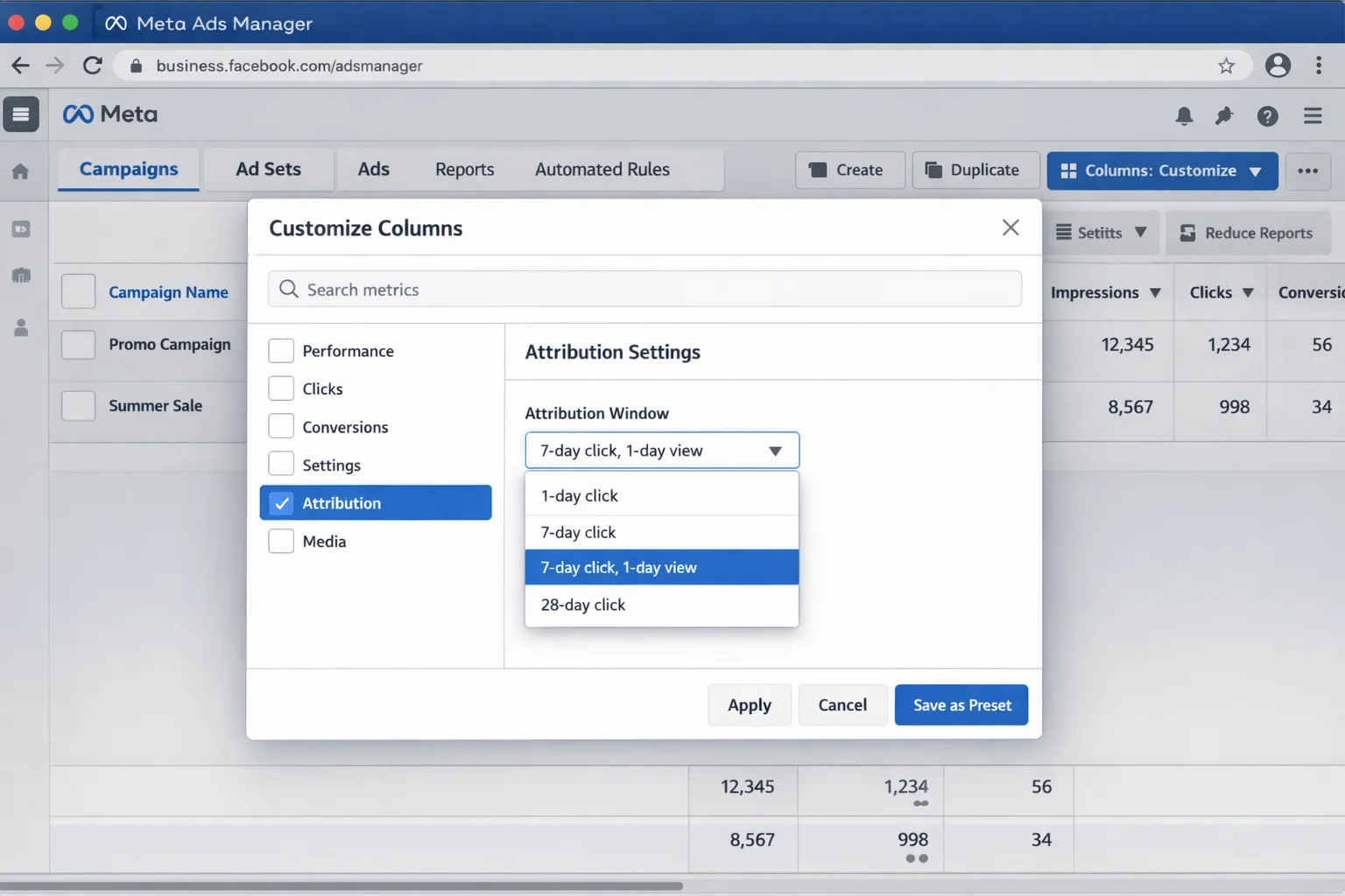 Meta Ads Manager attribution settings showing the 7-day click, 1-day view window. Navigate to Ads Manager, click Columns, then Customize Columns, and look at the Attribution Window dropdown.