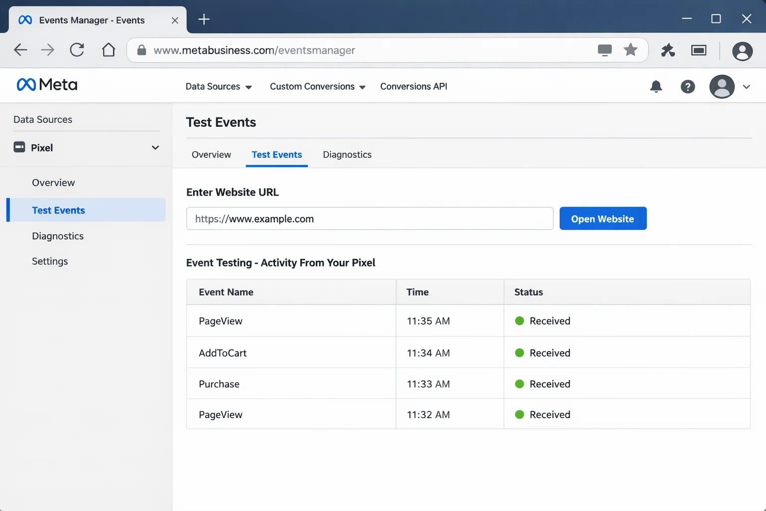 Meta Events Manager showing the Test Events tab. Navigate to Events Manager, select your Pixel, click Test Events, enter your website URL, and walk through the purchase flow while watching events appear in real time.