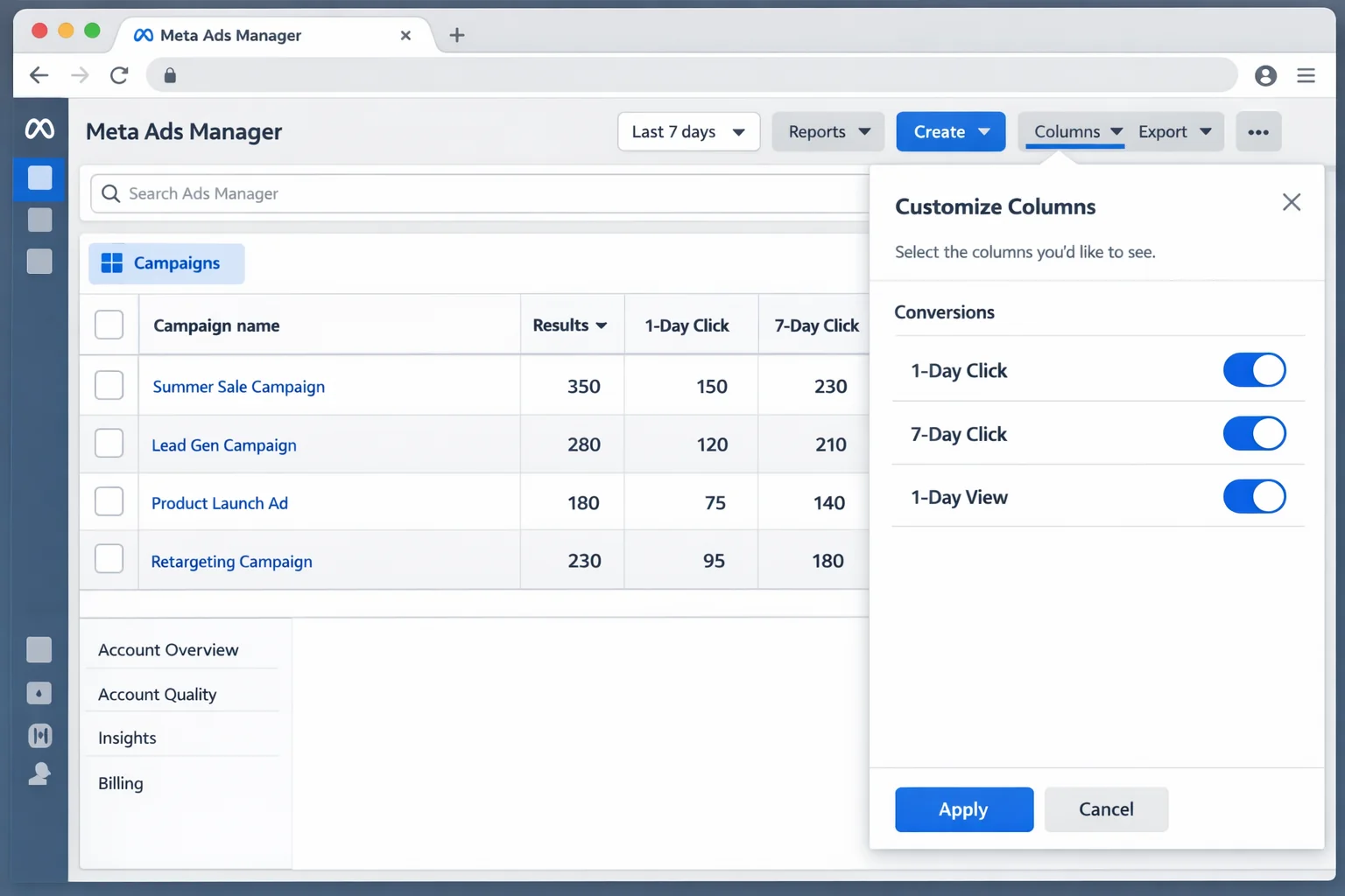 Meta Ads Manager with the Customize Columns panel open, showing how to break down results by attribution window (1-day click, 7-day click, 1-day view). Navigate to Columns, Customize Columns, and add the individual attribution window columns.