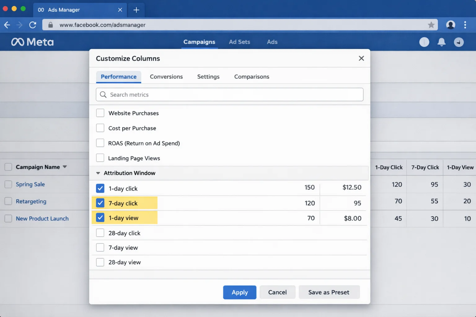 The Customize Columns panel in Meta Ads Manager with individual attribution window columns (1-day click, 7-day click, 1-day view) added. This is the single most important view for understanding where your conversions are coming from.