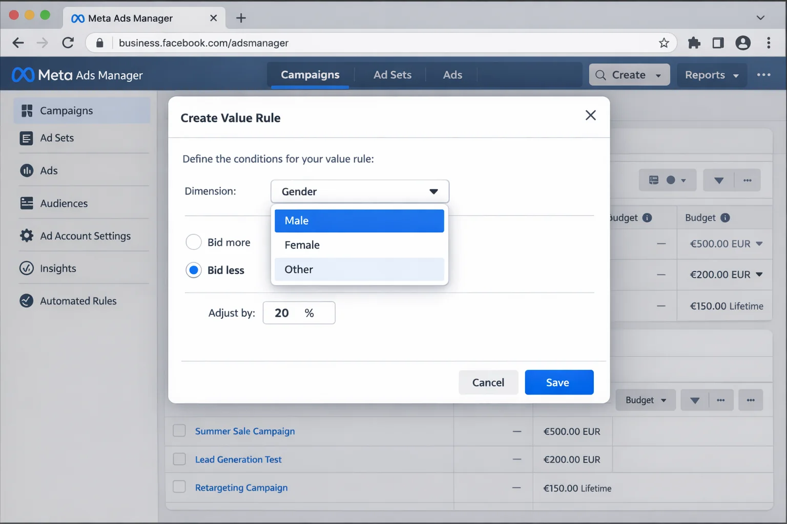 Creating a gender-based value rule in Meta Ads Manager, showing the "Bid less" option selected for male audience with a percentage modifier