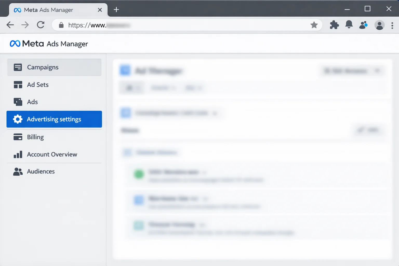 Left-hand navigation in Ads Manager with "Advertising settings" highlighted