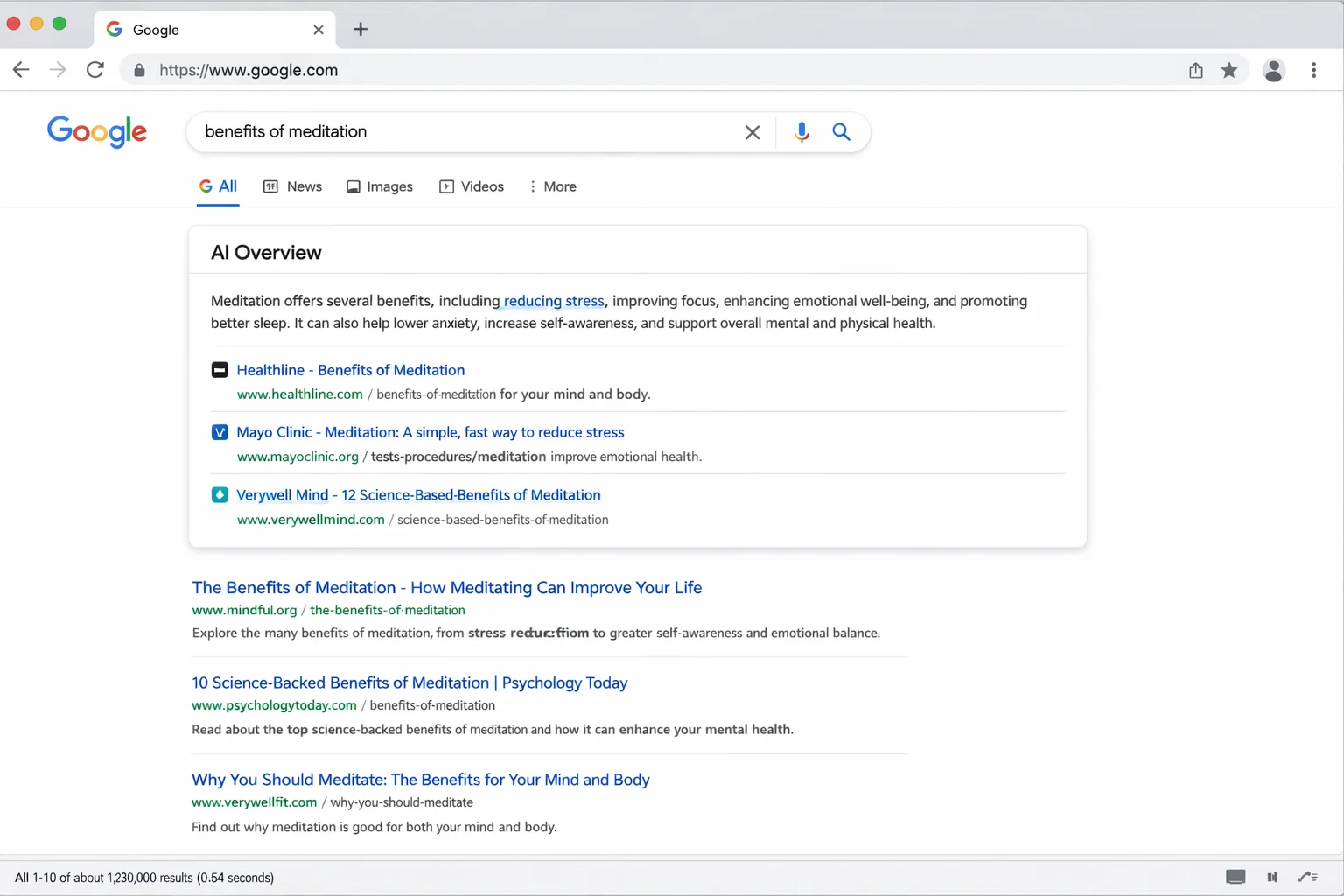 A Google search result showing an AI Overview panel above the organic results, with 3 cited sources visible in the panel