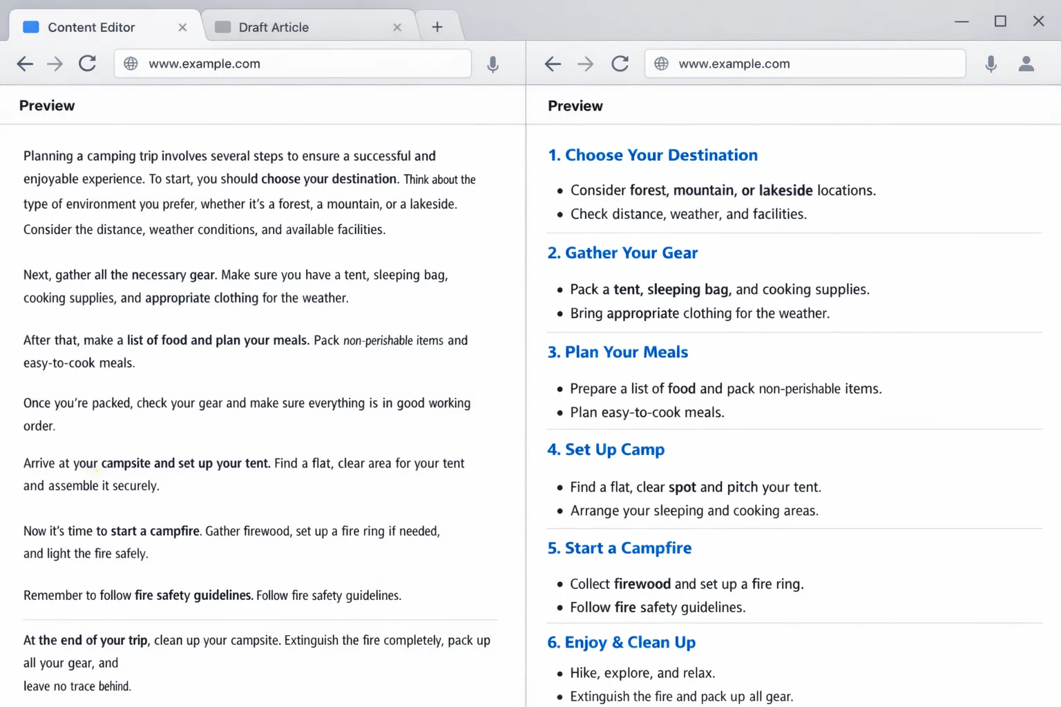 Side-by-side comparison of a page before and after reformatting: left side shows long paragraphs, right side shows numbered steps, bold definitions, and short paragraphs