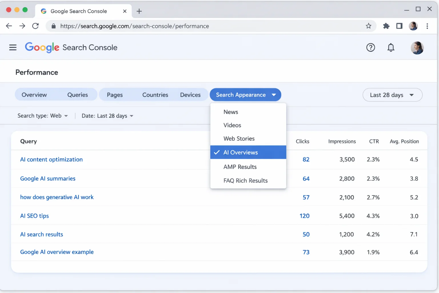 GSC Performance report with the Search appearance filter showing "AI Overviews" selected