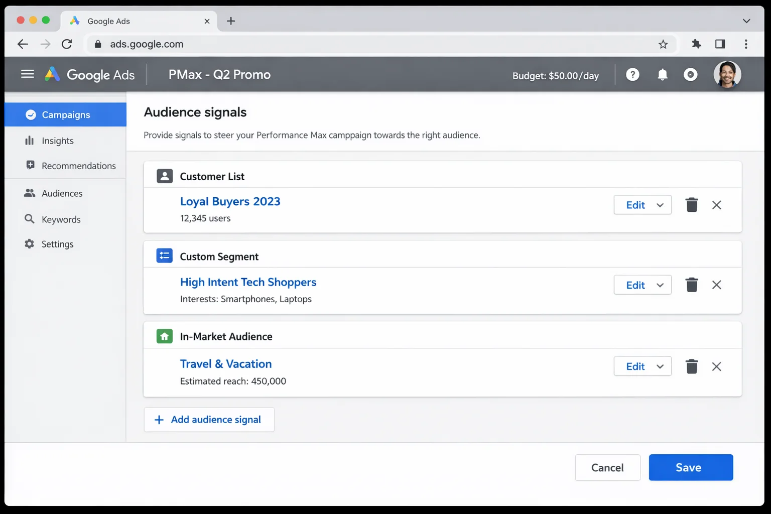 Google Ads audience signals panel showing a properly configured setup with customer list, custom segments, and in-market audiences layered together