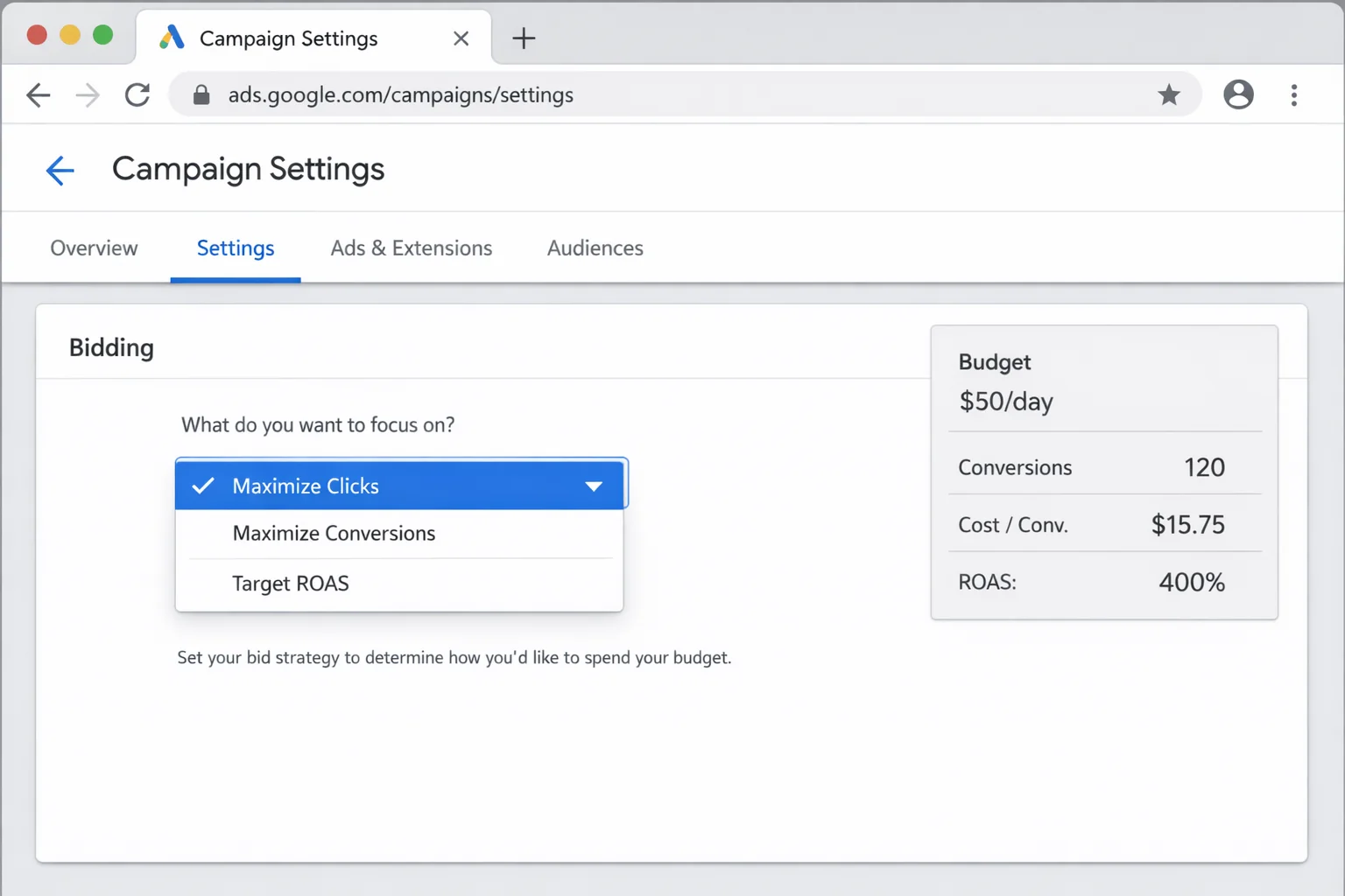 Google Ads bidding strategy settings showing the progression from Maximize Clicks to Maximize Conversions to Target ROAS
