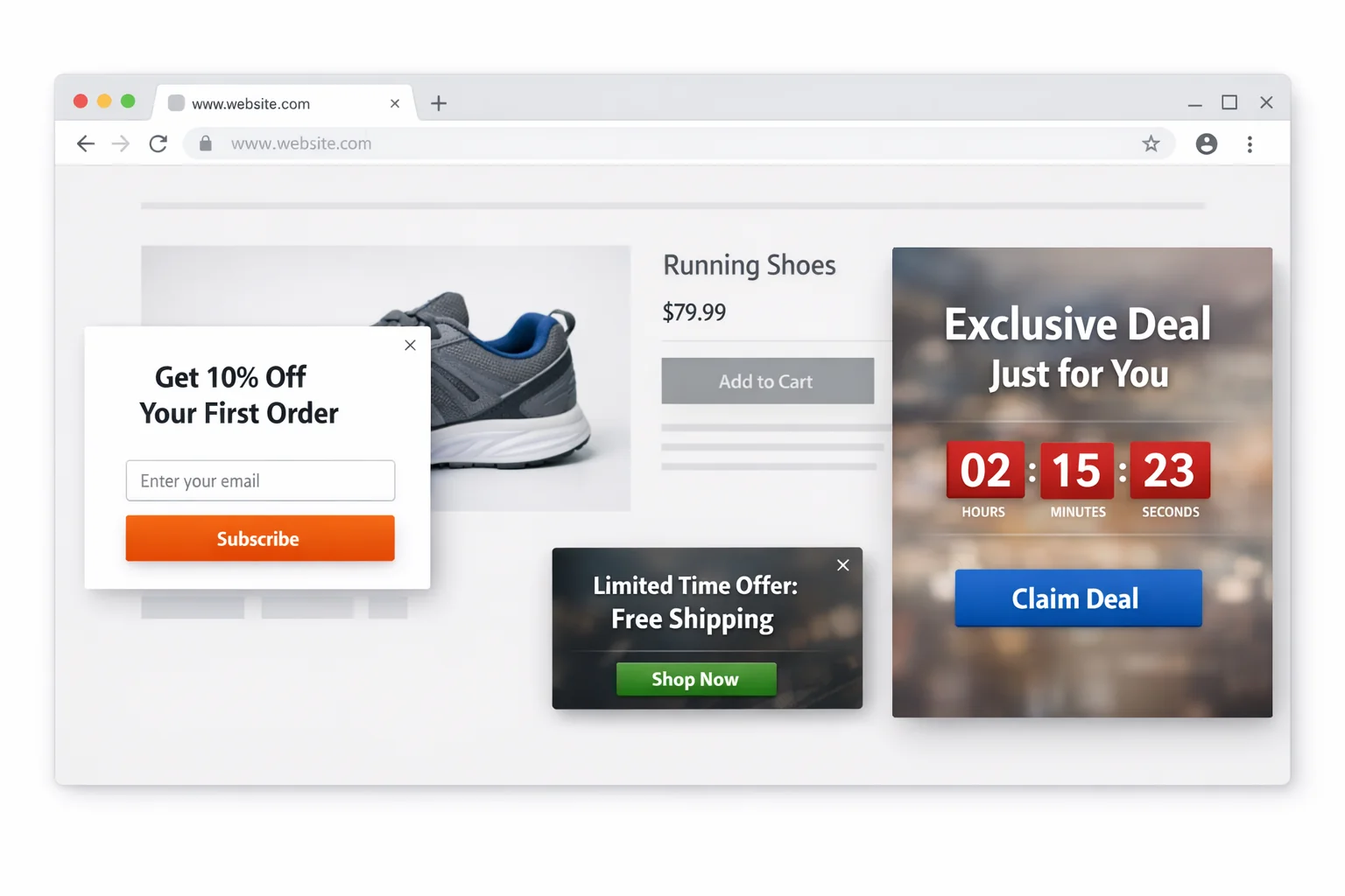 Side-by-side comparison of a lightbox popup, a slide-in popup, and a fullscreen popup on the same ecommerce product page