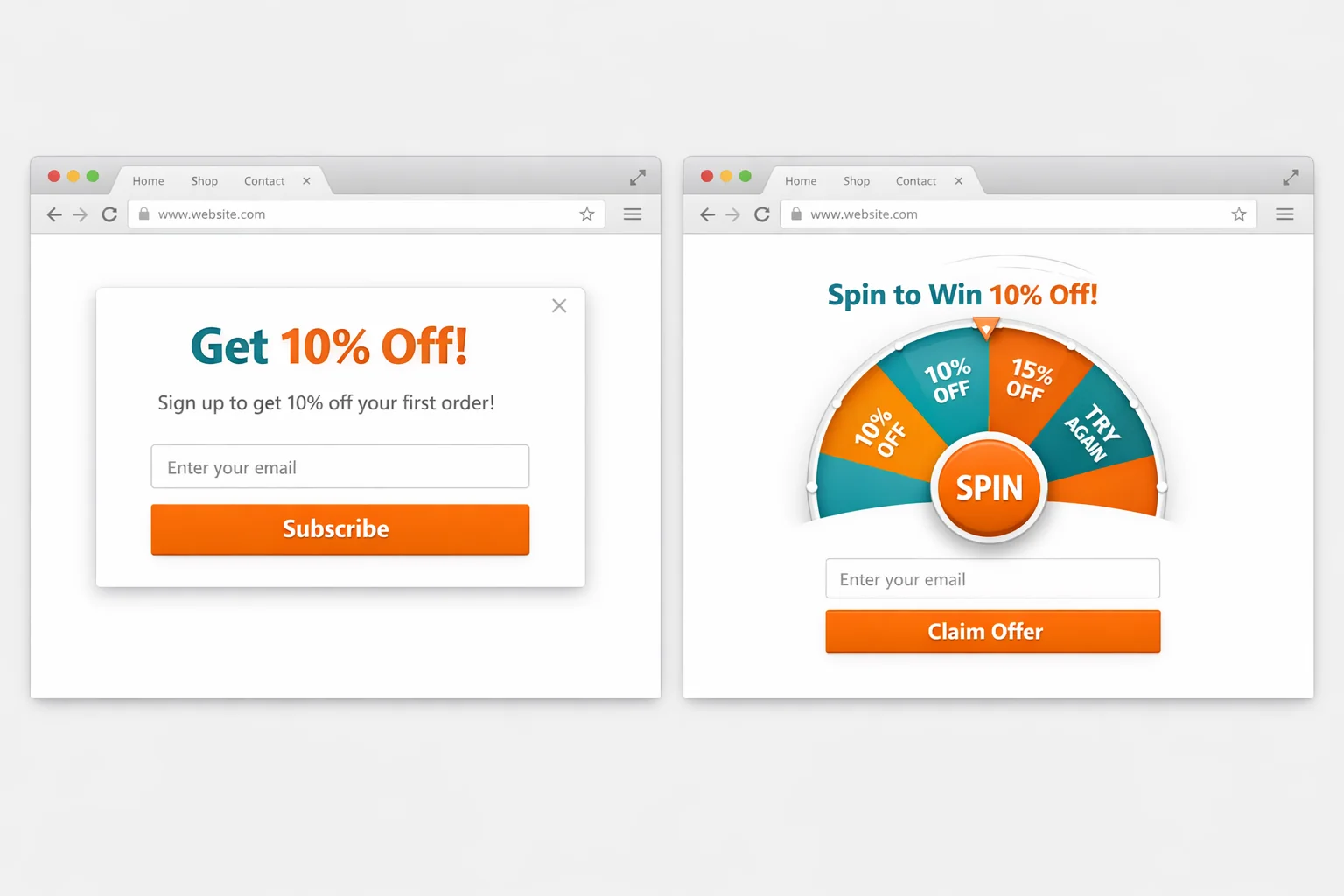 Side-by-side mockup of a standard "Get 10% Off" popup vs a spin-to-win wheel popup with the same brand styling