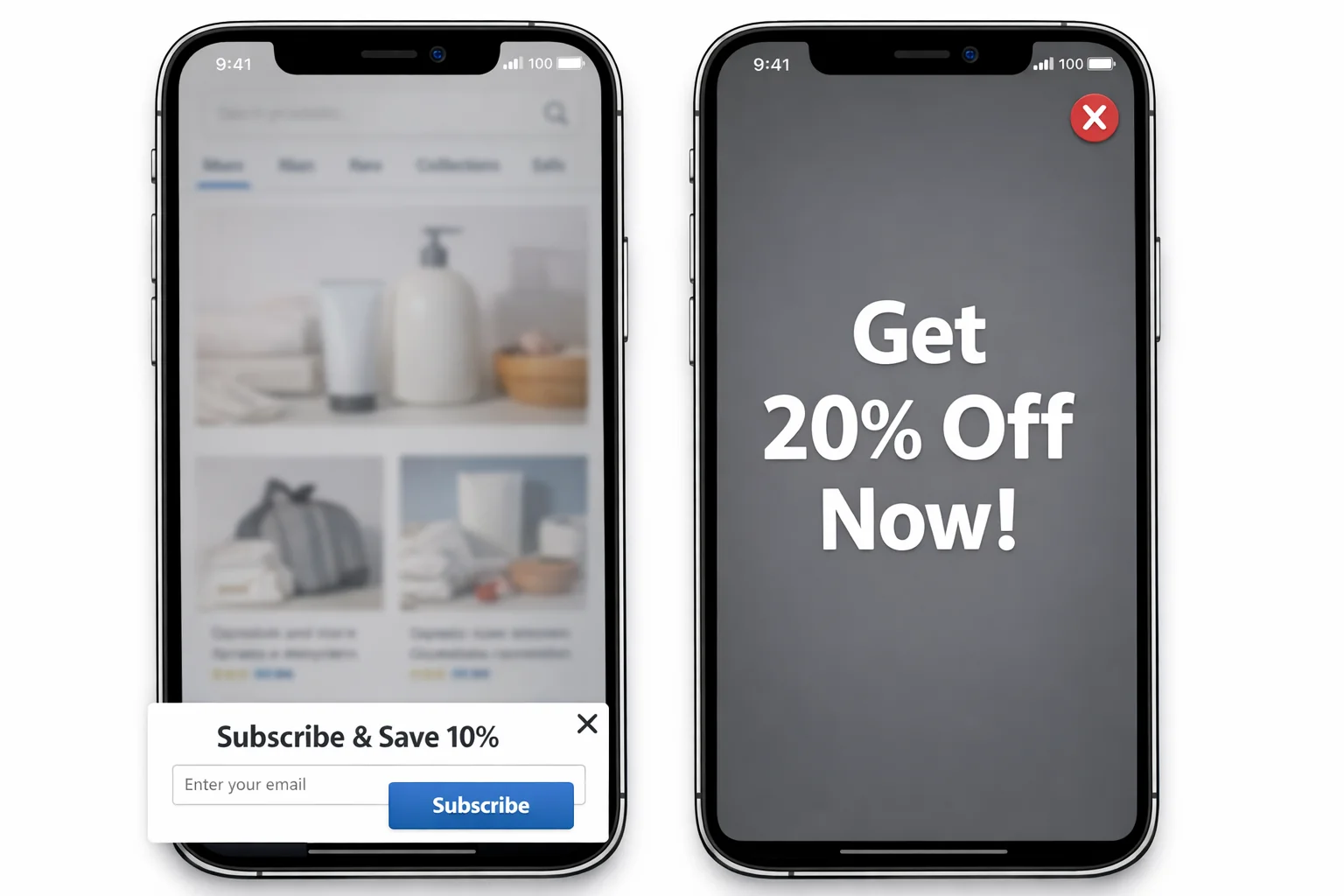 Mobile phone mockup showing a compliant bottom-banner popup with email capture, alongside a non-compliant fullscreen interstitial with an X